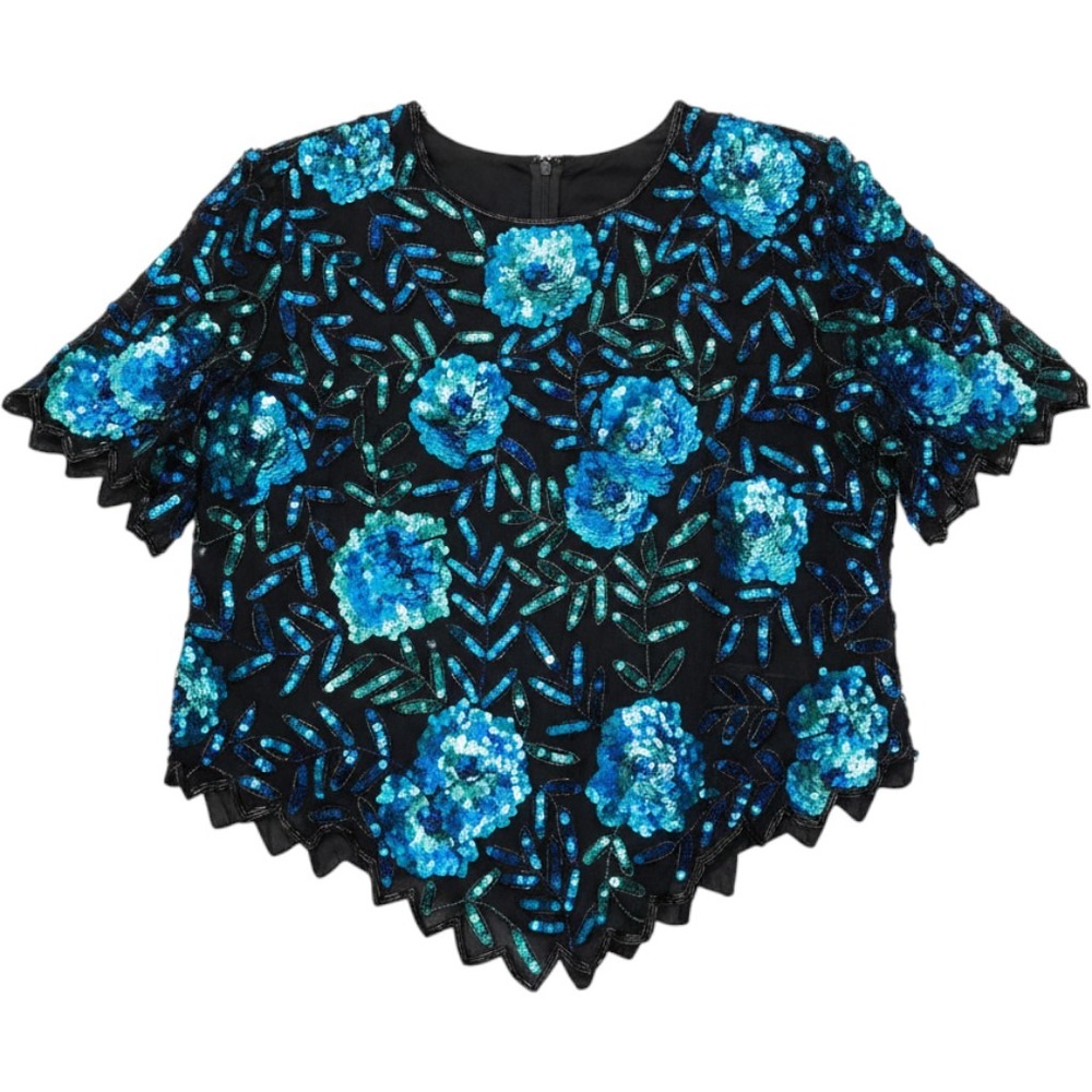 Laurence Kazar Vintage Blue Sequin Silk Blouse Floral Scalloped Hem Top 2X